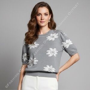 New Nanette Lepore Crystal Floral Knit Top Grey Coquette Short Sleeve Sweater M